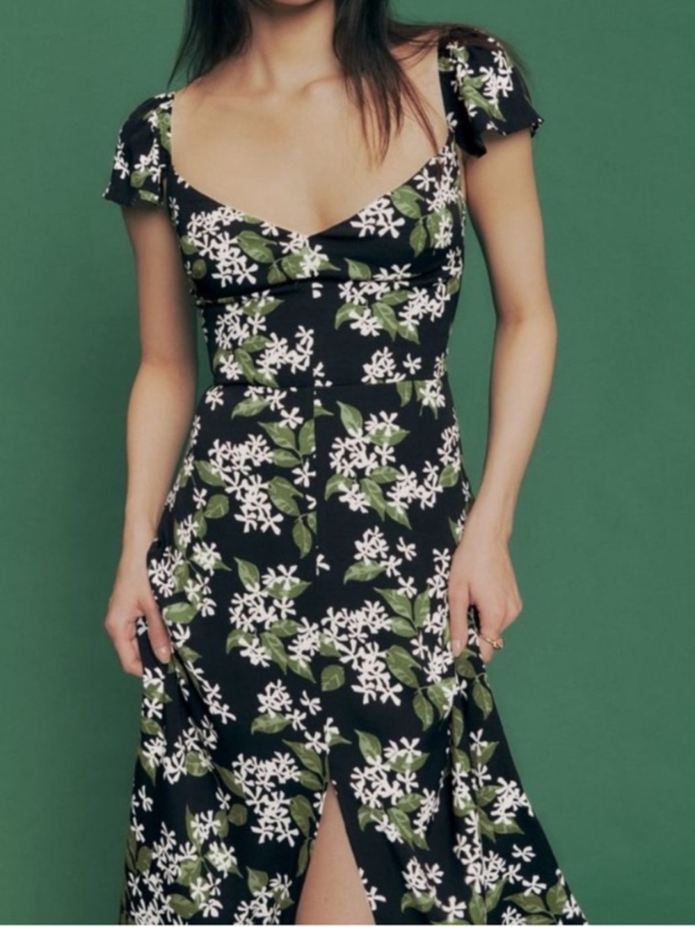 Reformation Baxley Dress Black Floral Sweetheart Smocked Slit Midi Size 10
